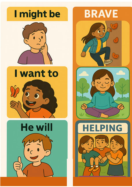 Educational poster with illustrations of children and text promoting bravery and helping others.