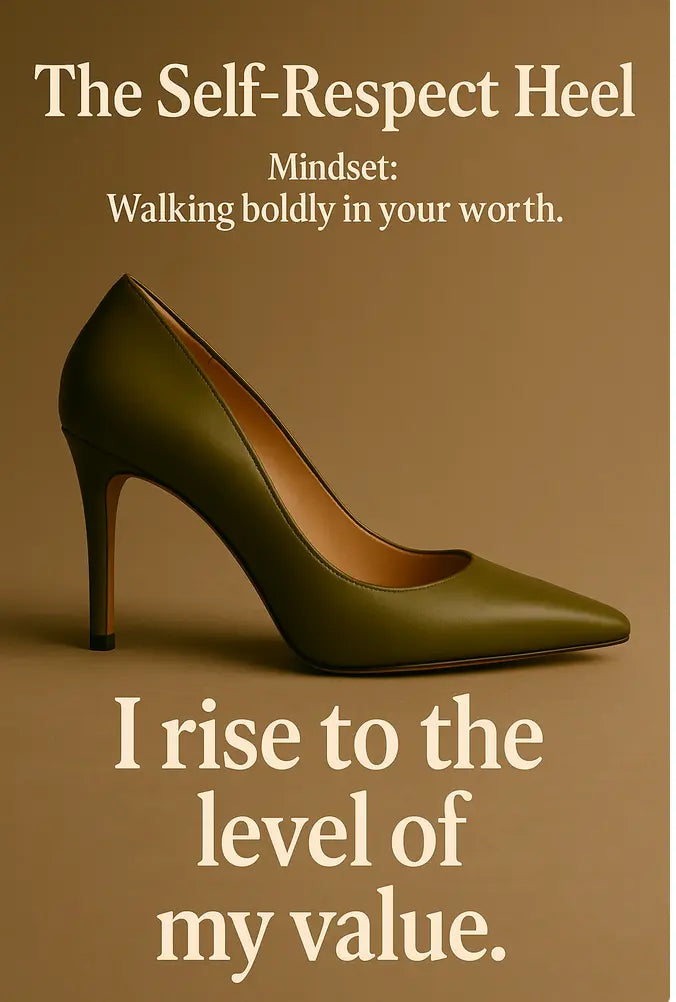 Green high-heeled shoe on a brown background with motivational text.