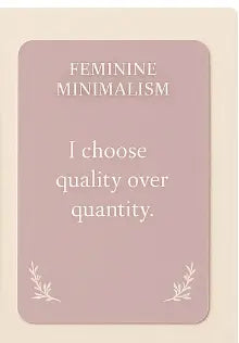 Card with 'Feminine Minimalism' quote on a light pink background