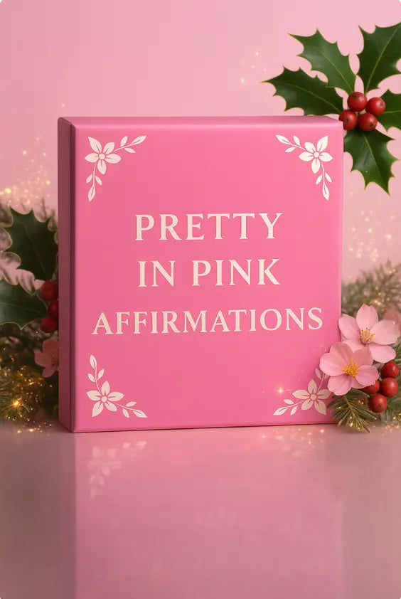 Pink book titled 'Pretty in Pink Affirmations' with floral designs on a pink background.