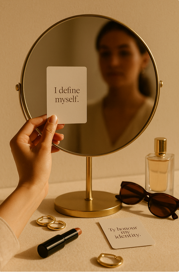 Person holding a card with 'I define myself.' text in front of a mirror with vanity items on a table.