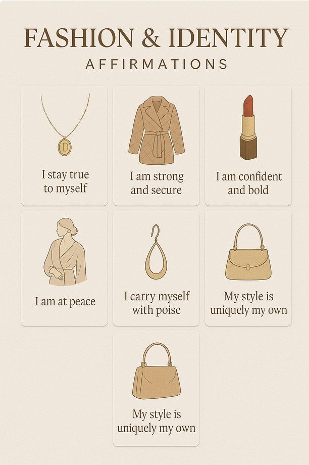 Fashion-themed affirmations with corresponding images on a beige background