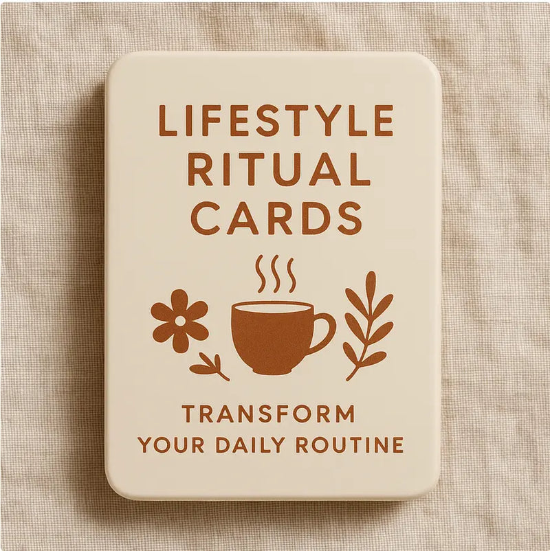 Card with 'Lifestyle Ritual Cards' text and coffee cup illustration on a beige background